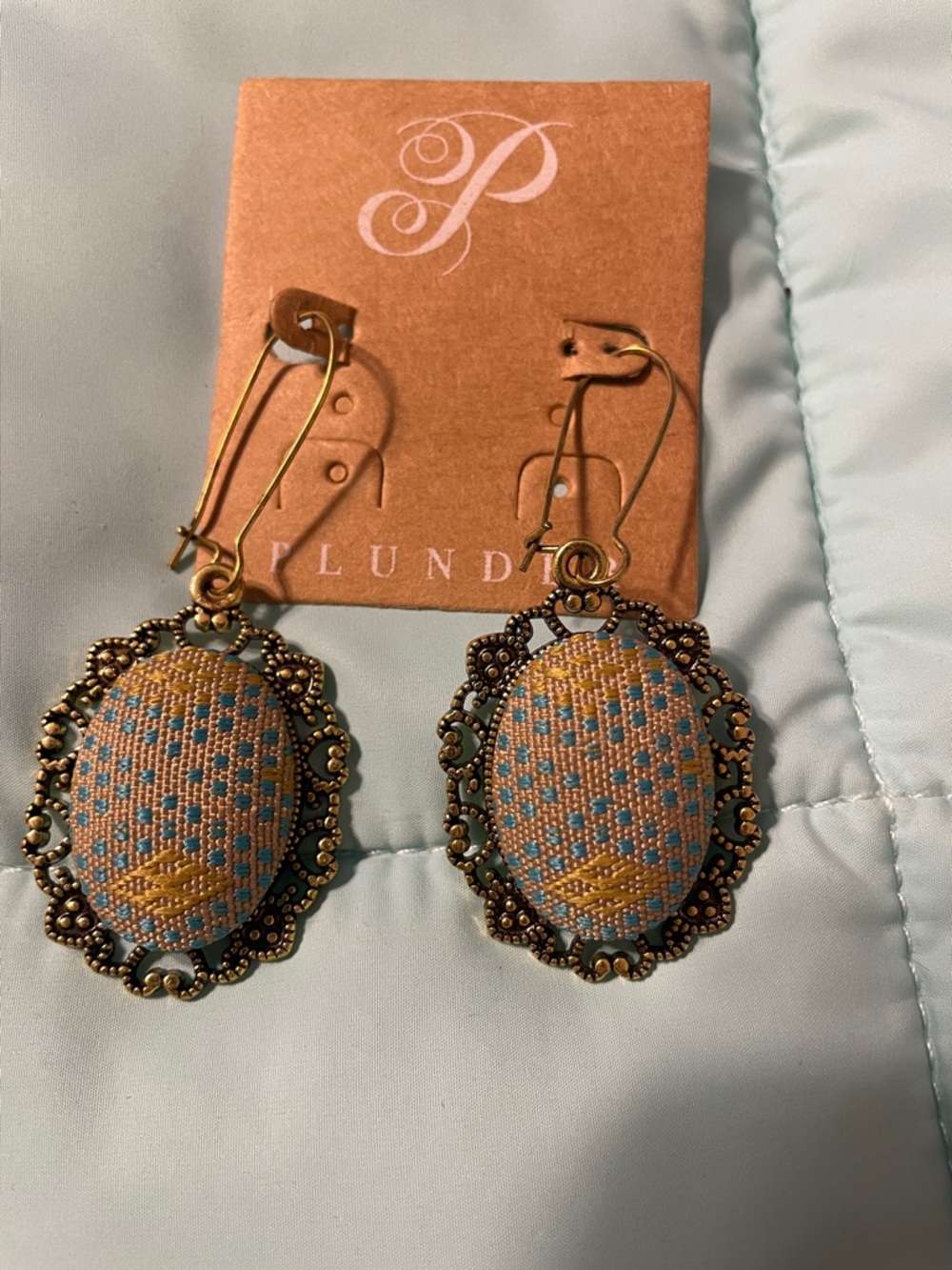 Plunder Blue, Tan, & Mustard Embroidered Oval Drop Earrings